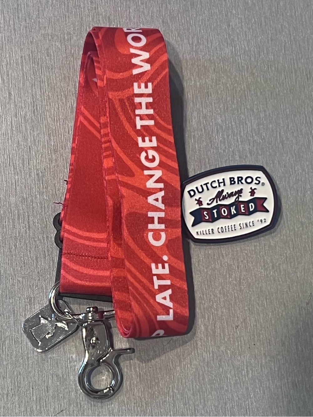 Dutch Bros red lanyard and pin set